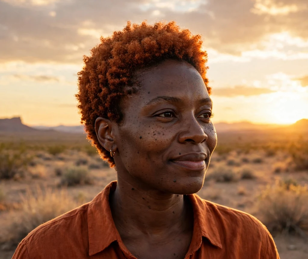 Vibrant Black woman in her mid 30s with a copper-orange tapered teeny-weeny afro at sunset