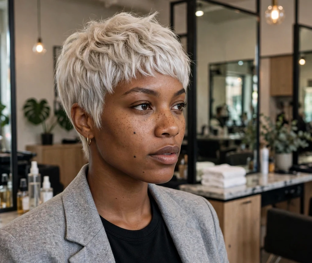 Bold Black woman in her late 20s with a platinum blonde textured pixie in a hair salon