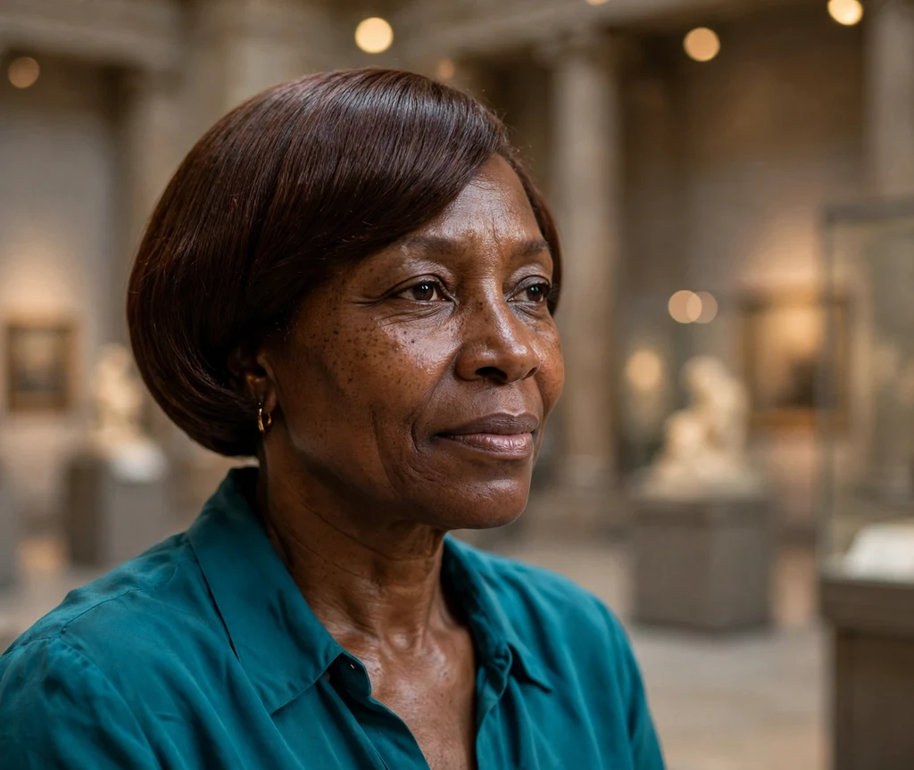 Distinguished Black woman in her 50s with a chocolate-brown glossy bowl cut in a museum hall