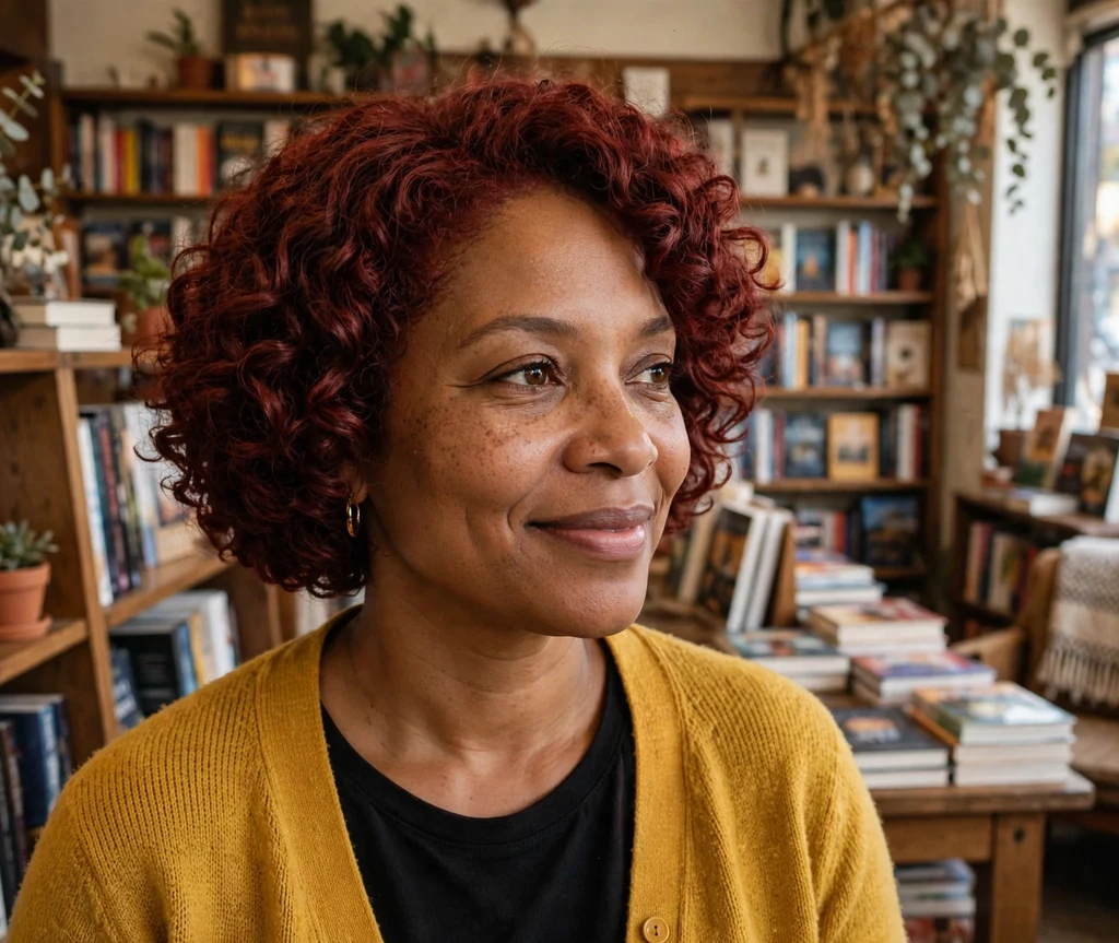 Warm Black woman in her early 40s with a mahogany curly bob and mustard cardigan in a bookstore