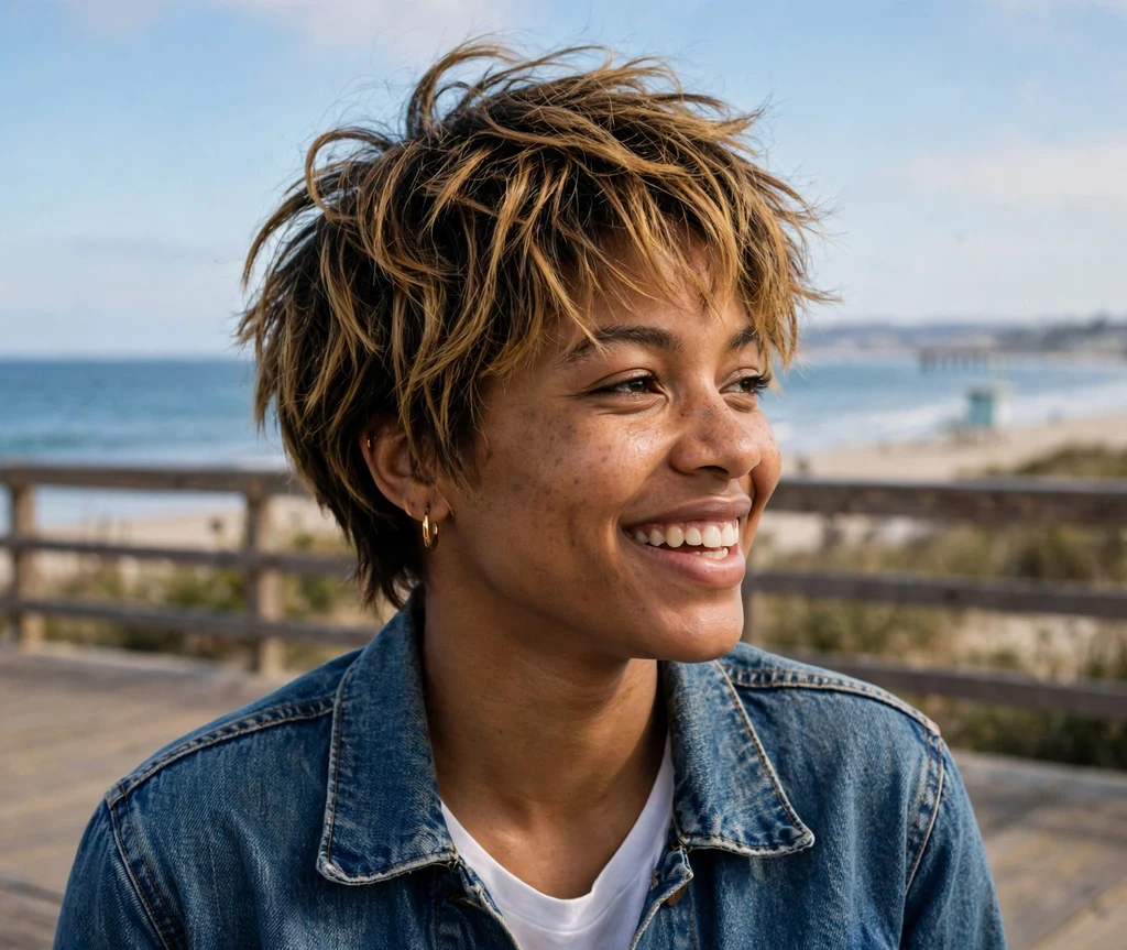 Carefree Black woman in her mid 20s with a golden-brown balayage short shag on a beach boardwalk