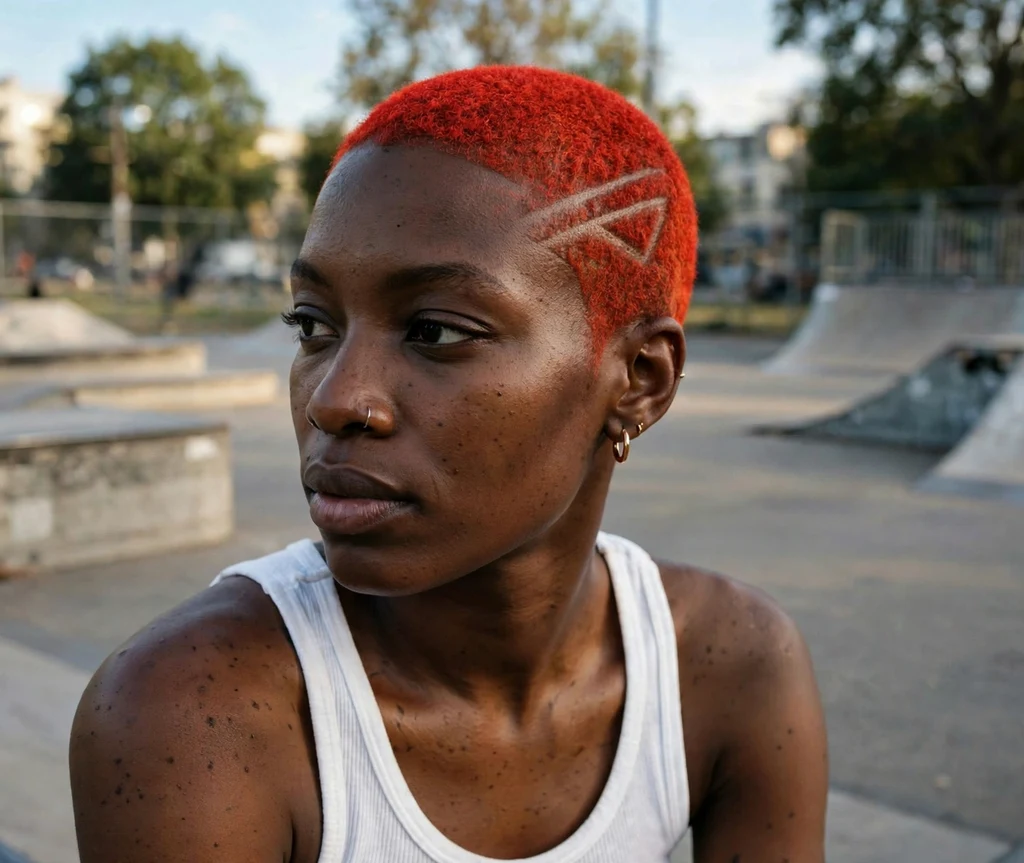 Edgy Black woman in her late 20s with a fiery red buzz cut with shaved line design at a skate park