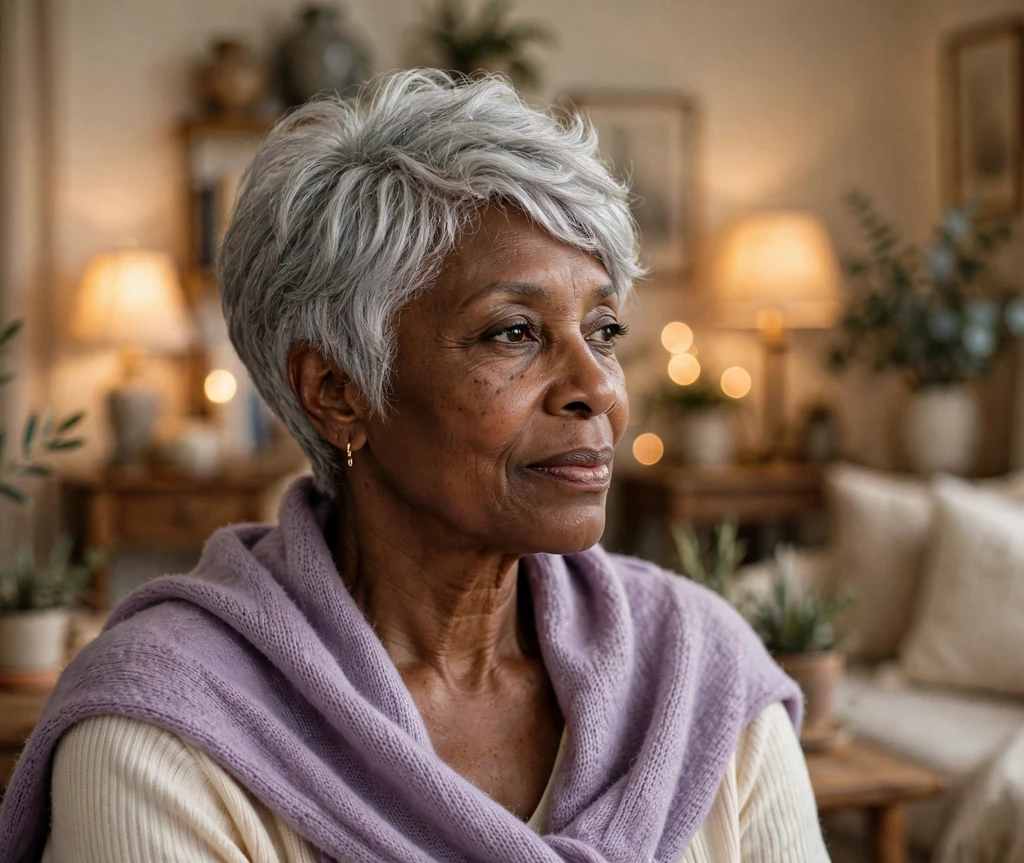 Graceful Black woman in her 60s with an elegant silver-gray pixie haircut in a warm living room