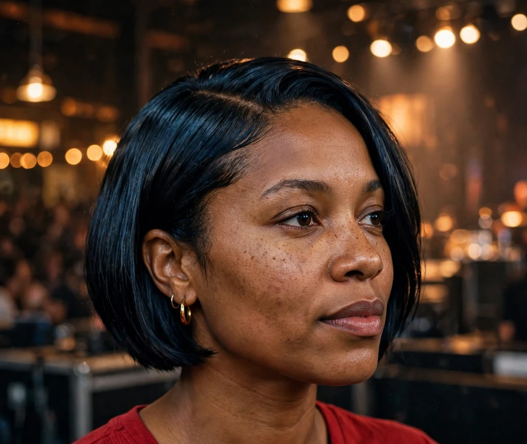 Striking Black woman in her early 30s with a glossy blue-black bob and red top at a concert venue