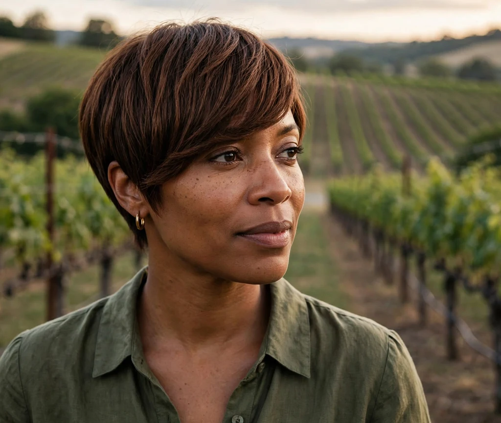 Sophisticated Black woman in her late 30s with a chestnut-brown pixie with side-swept fringe in a vineyard