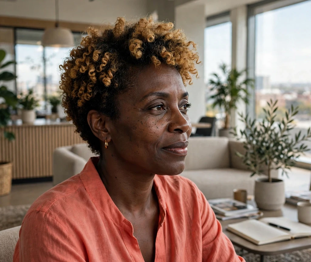 Professional Black woman in her mid 40s with a caramel-ombre short curly crop in a modern office lounge