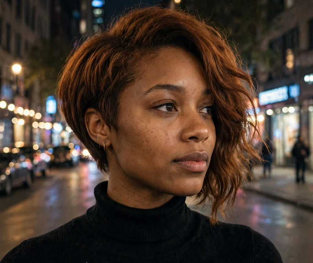 Trendy Black woman in her mid 20s with a cinnamon-brown asymmetrical bob on a city street at night