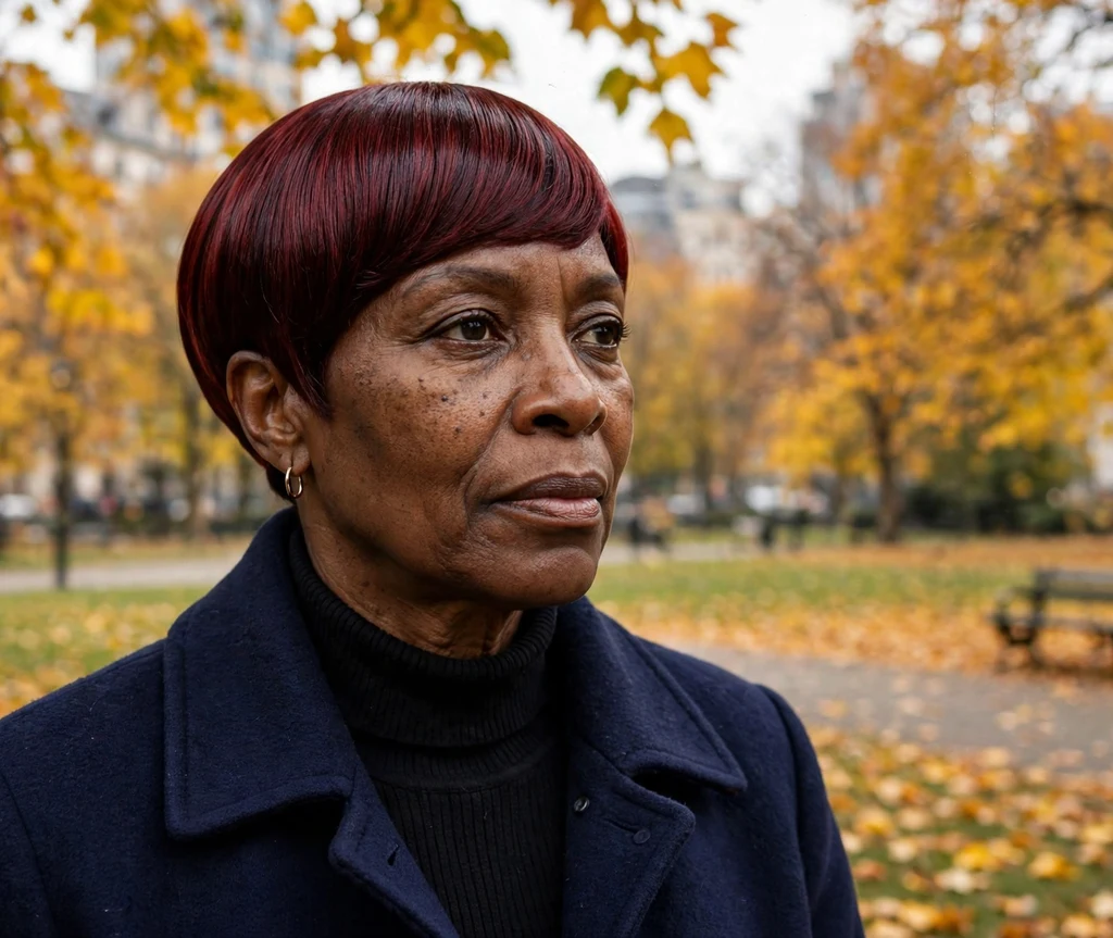 Poised Black woman in her early 50s with a dark cherry sleek bowl cut and navy coat in an autumn park