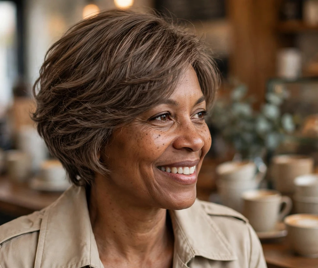 Friendly Black woman in her late 40s with ash-brown feathered short layers in a cozy coffee shop