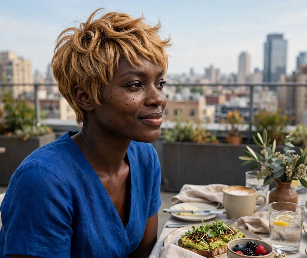 Glamorous Black woman in her early 30s with a warm honey-blonde textured pixie at a rooftop brunch