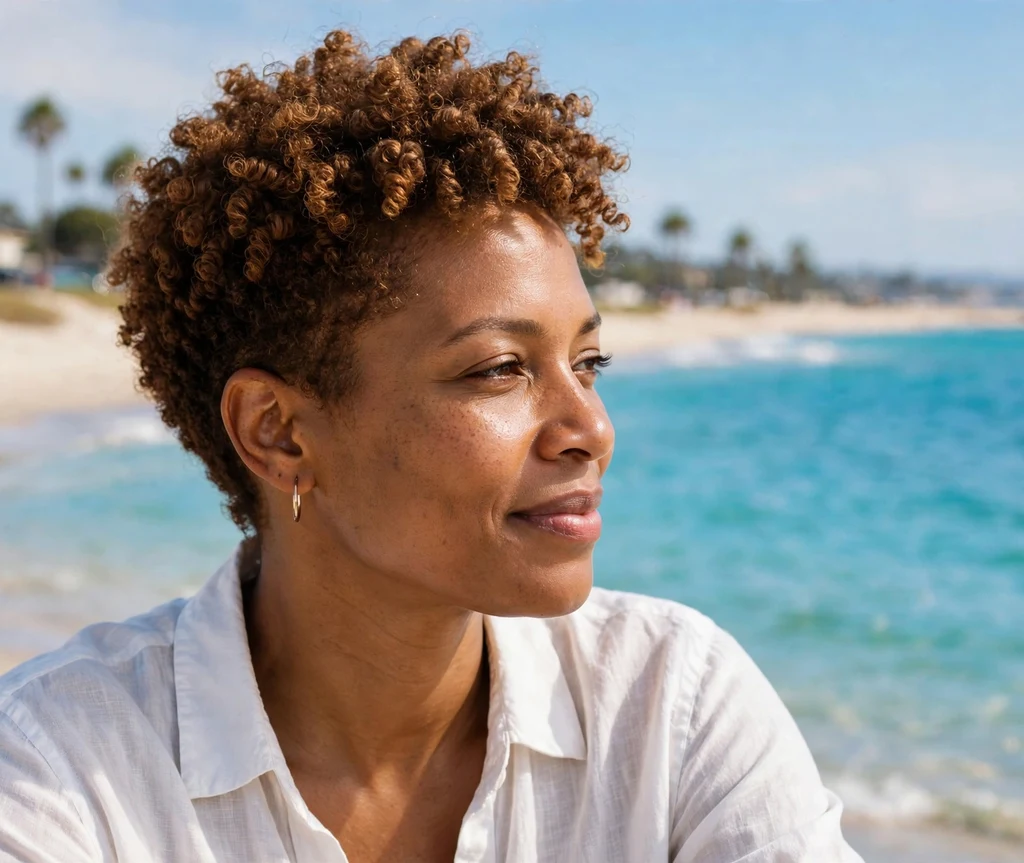 Relaxed Black woman in her mid 30s with a toffee-brown tapered cut with voluminous coils on a sunny beach