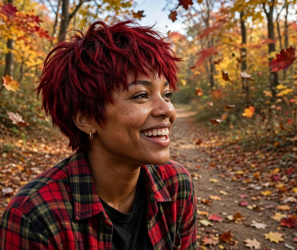Spirited Black woman in her late 20s with a wine-red choppy short shag on an autumn forest path