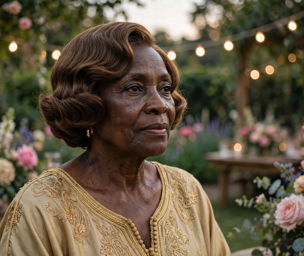 Regal Black woman in her 60s with a mocha-brown finger-wave bob and gold kaftan at a garden party