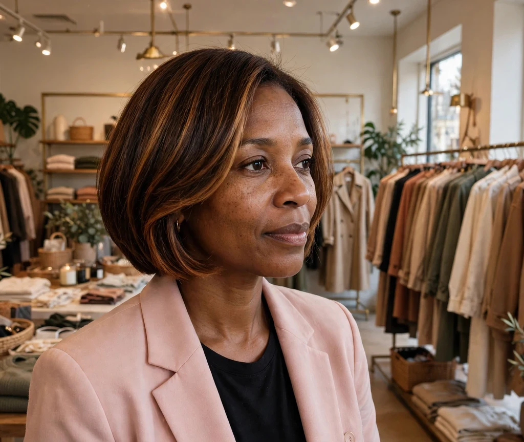 Chic Black woman in her early 40s with an espresso bob with caramel face-framing highlights in a boutique