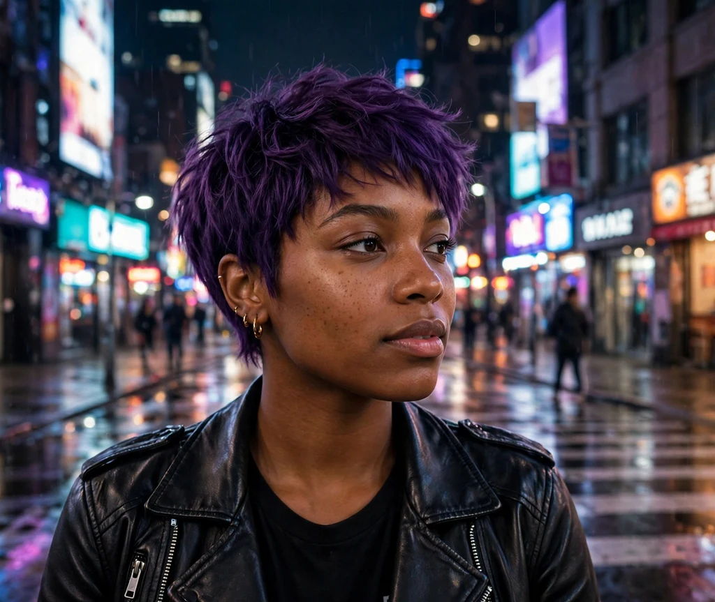 Daring Black woman in her mid 20s with a deep violet textured pixie on a neon-lit city street
