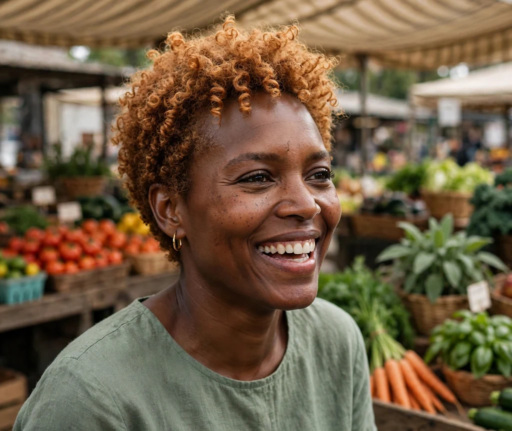 Cheerful Black woman in her late 30s with a golden-copper short curly crop at a farmers market