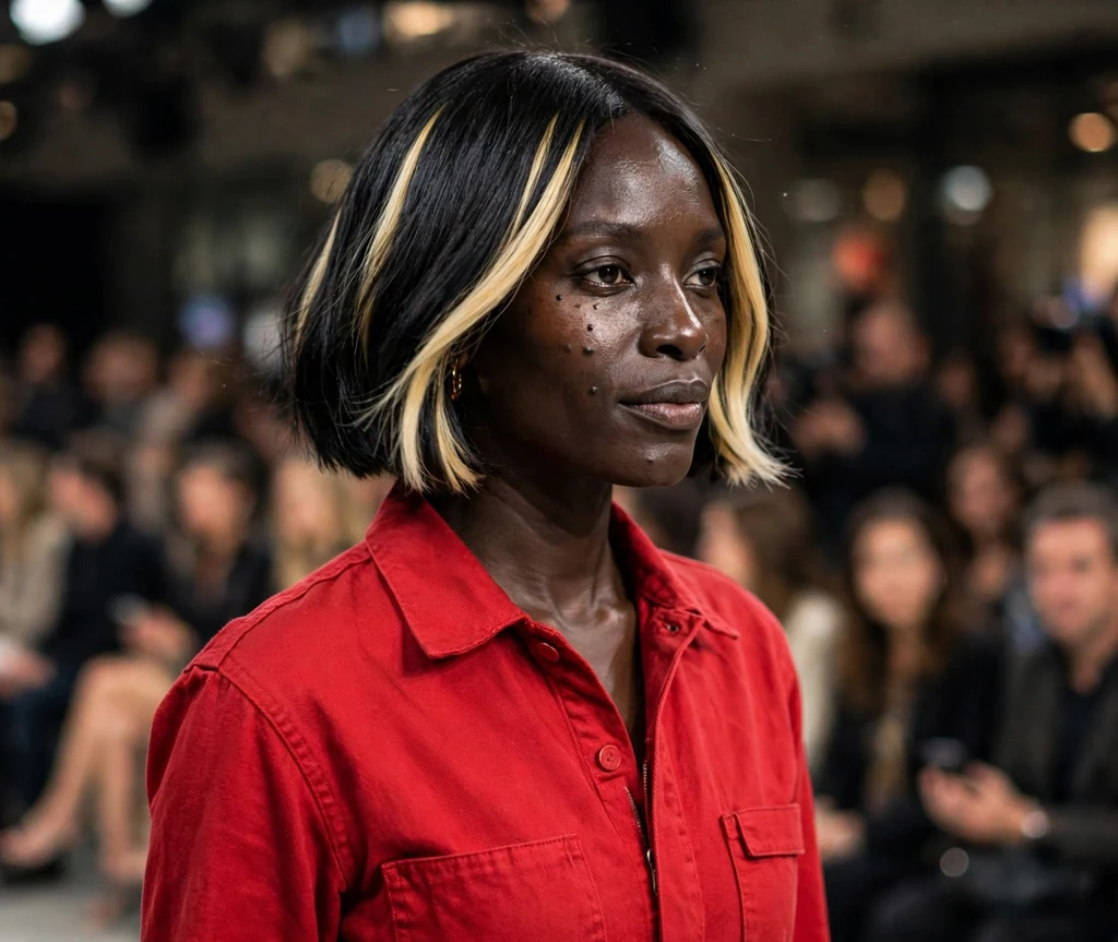 Glamorous Black woman in her mid 30s with a jet-black bob with bold blonde face-framing streaks at a fashion show