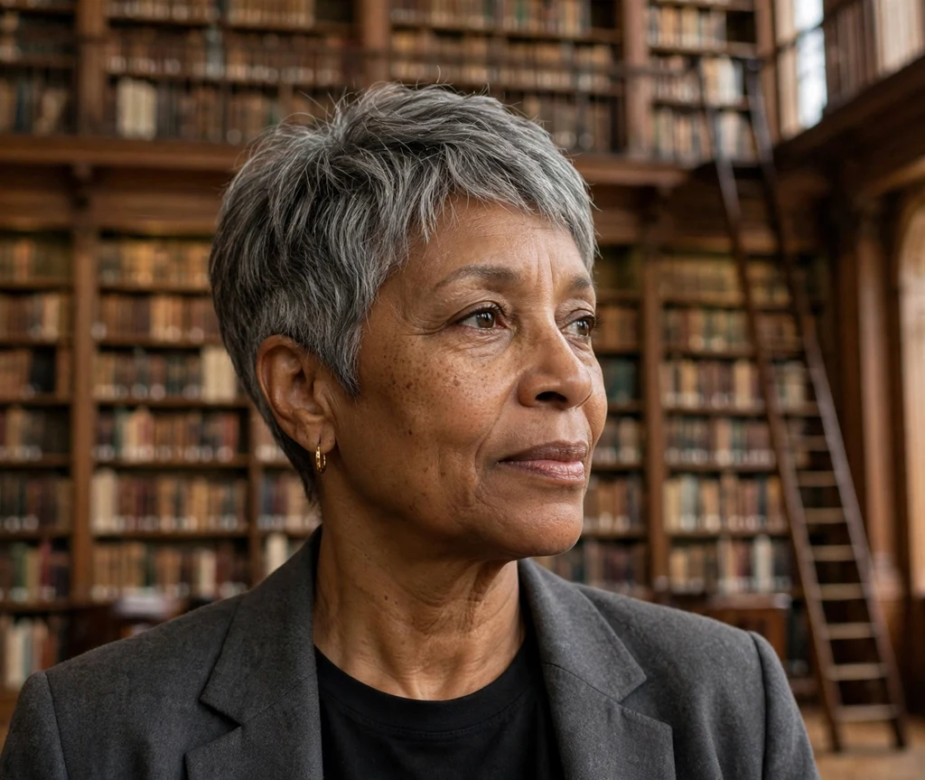 Wise Black woman in her late 50s with a salt-and-pepper tapered pixie in a grand library