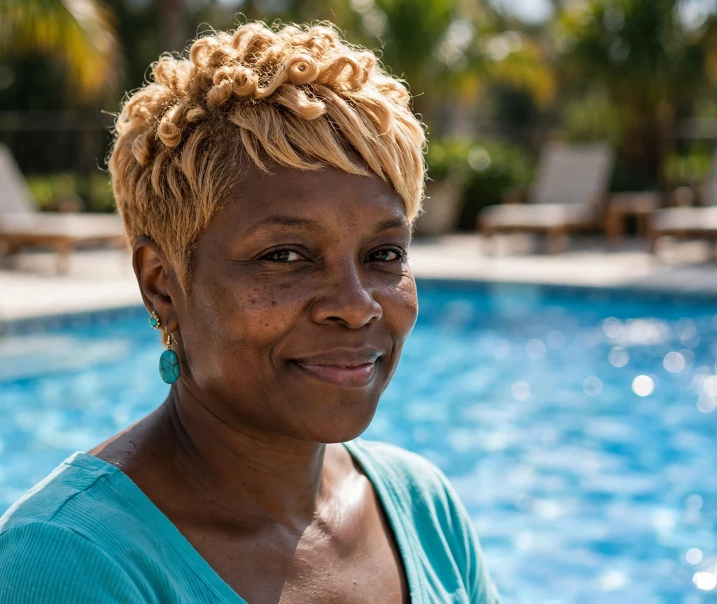 Sunny Black woman in her early 40s with a honey-blonde tapered pixie by a sparkling swimming pool