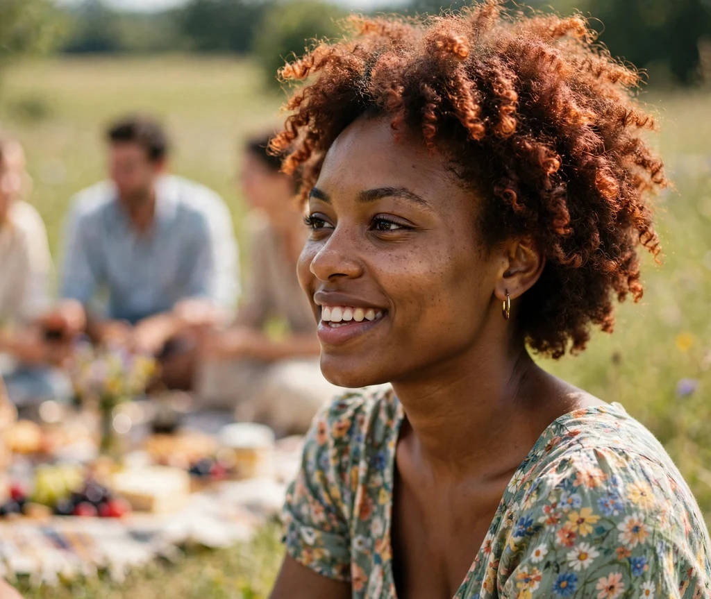 Lovely Black woman in her mid 20s with reddish-brown natural curls in a floral dress at a sunny picnic