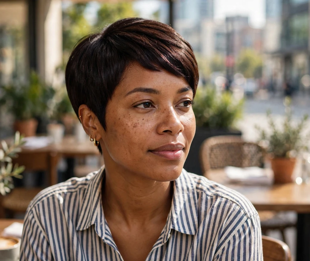 Polished Black woman in her early 30s with a dark brown gloss pixie with sharp edges on a cafe patio