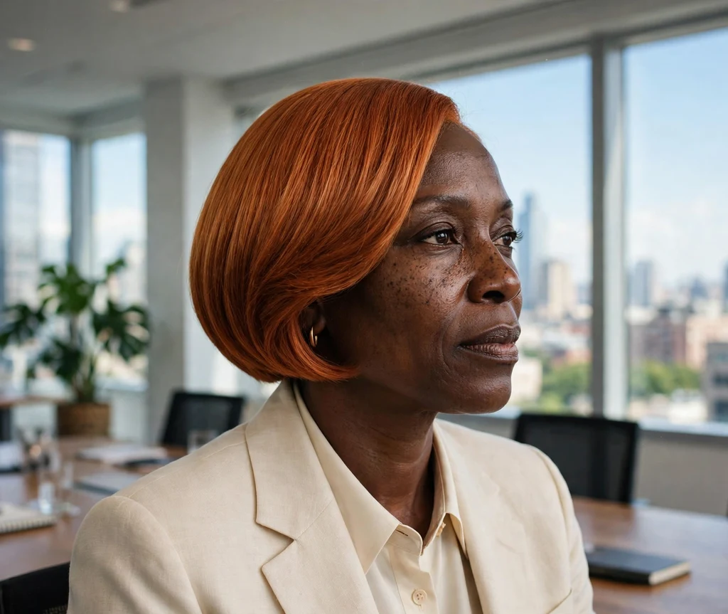 Executive Black woman in her late 40s with a ginger-copper sleek bob in a bright conference room