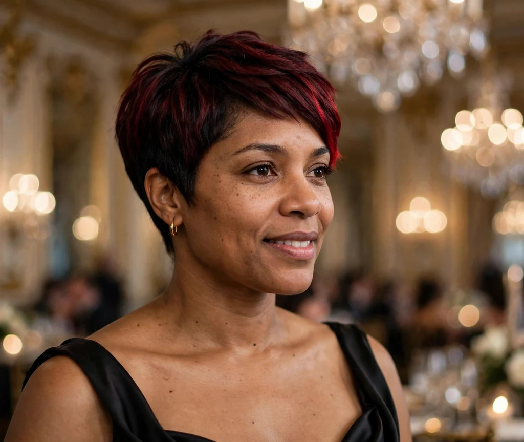 Stunning Black woman in her mid 30s with a burgundy-ombre tapered pixie and black evening gown at a gala
