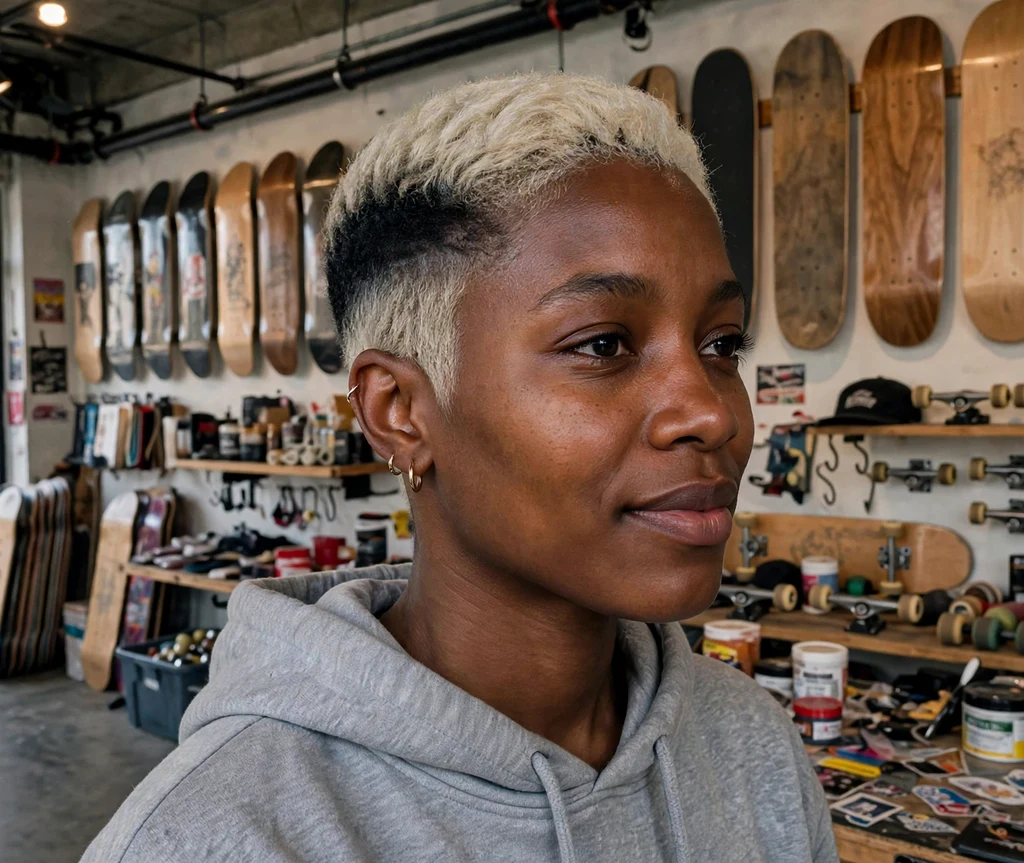 Cool Black woman in her late 20s with a jet black to platinum fade short crop in a skate shop