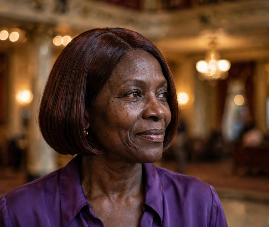 Confident Black woman in her early 50s with a mahogany sleek center-part bob in a theater lobby
