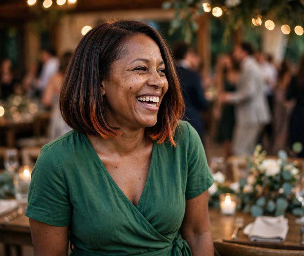 Joyful Black woman in her mid 40s with an espresso bob with copper-dipped tips in a green wrap dress at a wedding reception