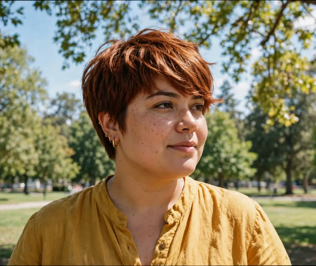 Textured pixie with long side bangs flattering a round face