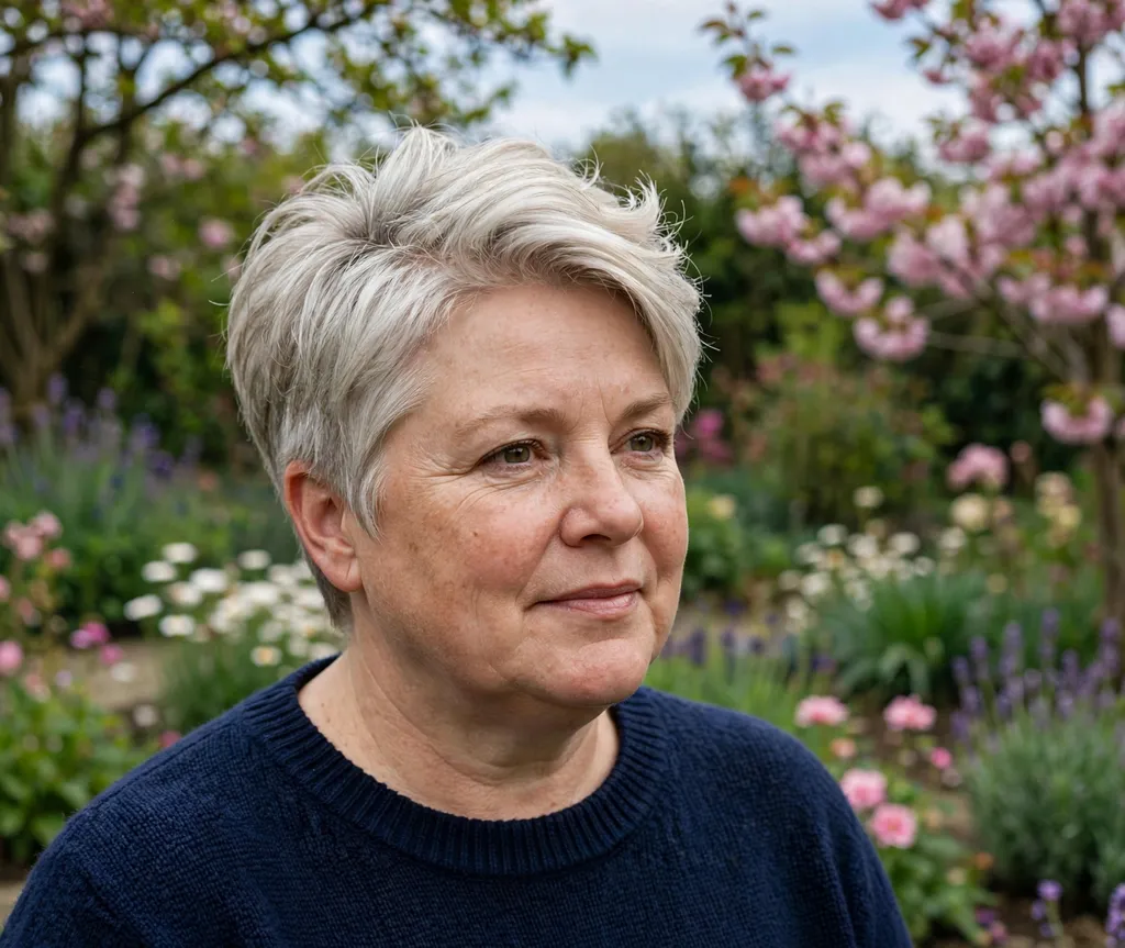 Long pixie with lifted crown volume on a round face