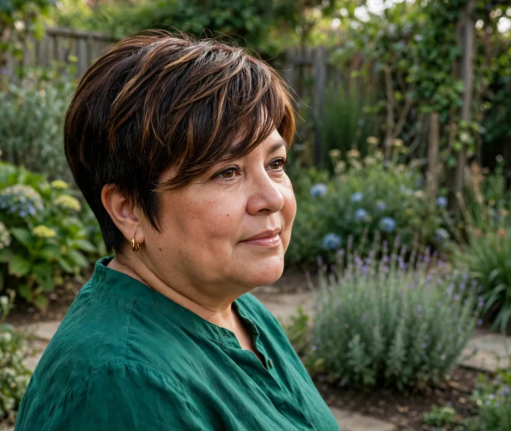 Tapered pixie with longer fringe on a woman with a round face