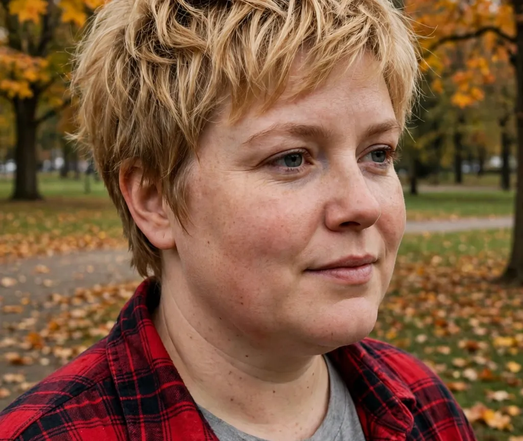 Tousled pixie with piecey ends on a round face