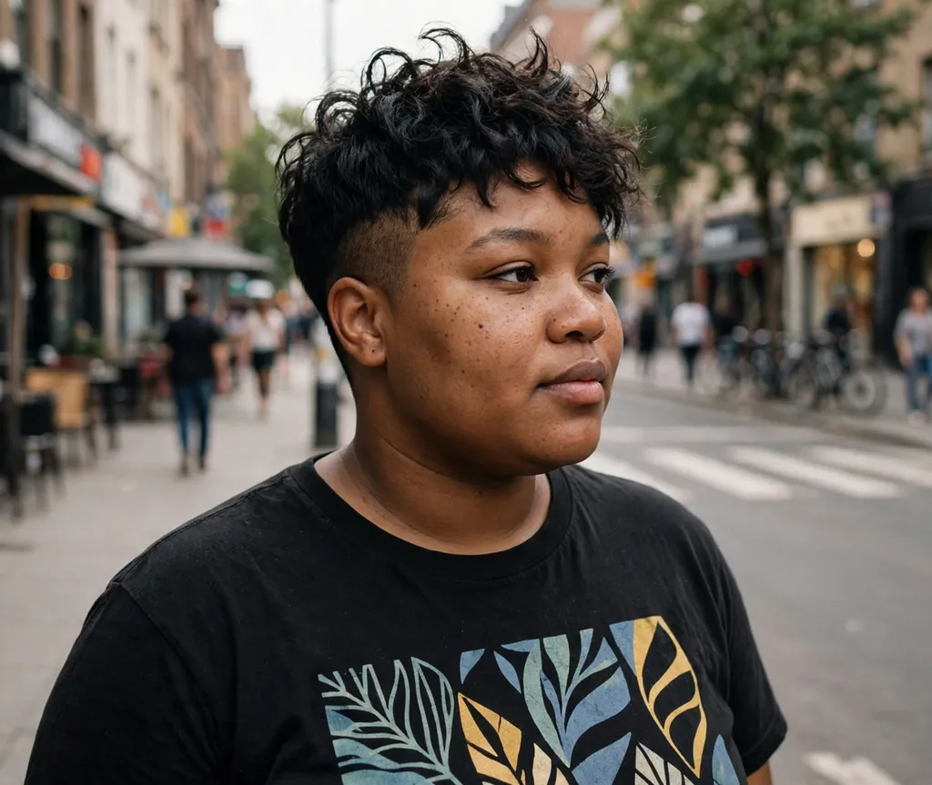 Undercut pixie with longer top on a woman with a round face
