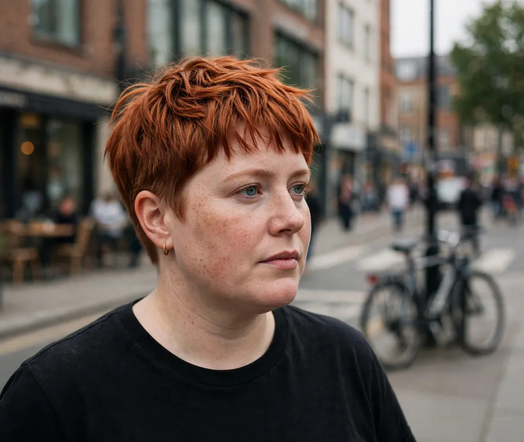 Disconnected pixie with bold texture on a woman with a round face