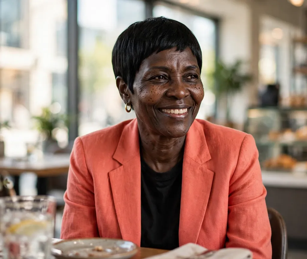 Classic neat pixie cut on a Black woman in her early 50s wearing a coral blazer, city café