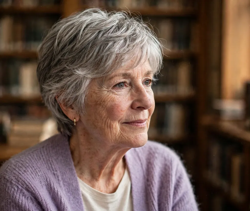 Soft layered pixie on a white woman in her late 60s wearing a lavender cardigan, library