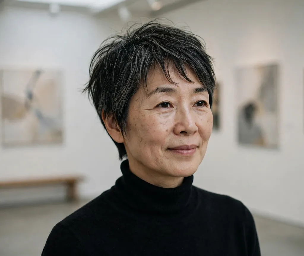 Textured pixie with wispy bangs on an East Asian woman in her mid 50s wearing a black turtleneck, art gallery