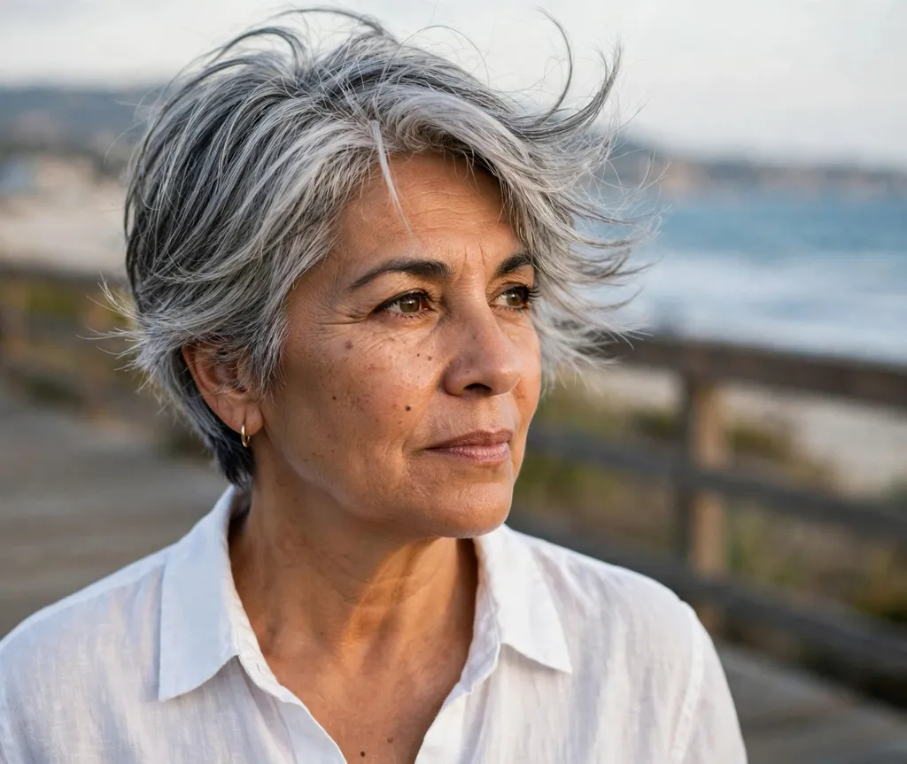 Silver pixie-bob haircut on a Latina woman in her late 50s wearing a white linen shirt, coastal boardwalk