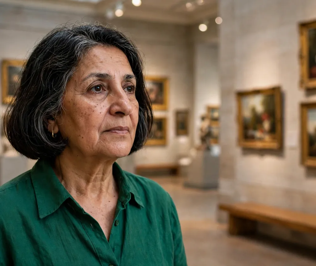 Chin-length classic bob on a Middle Eastern woman in her early 60s wearing an emerald blouse, museum