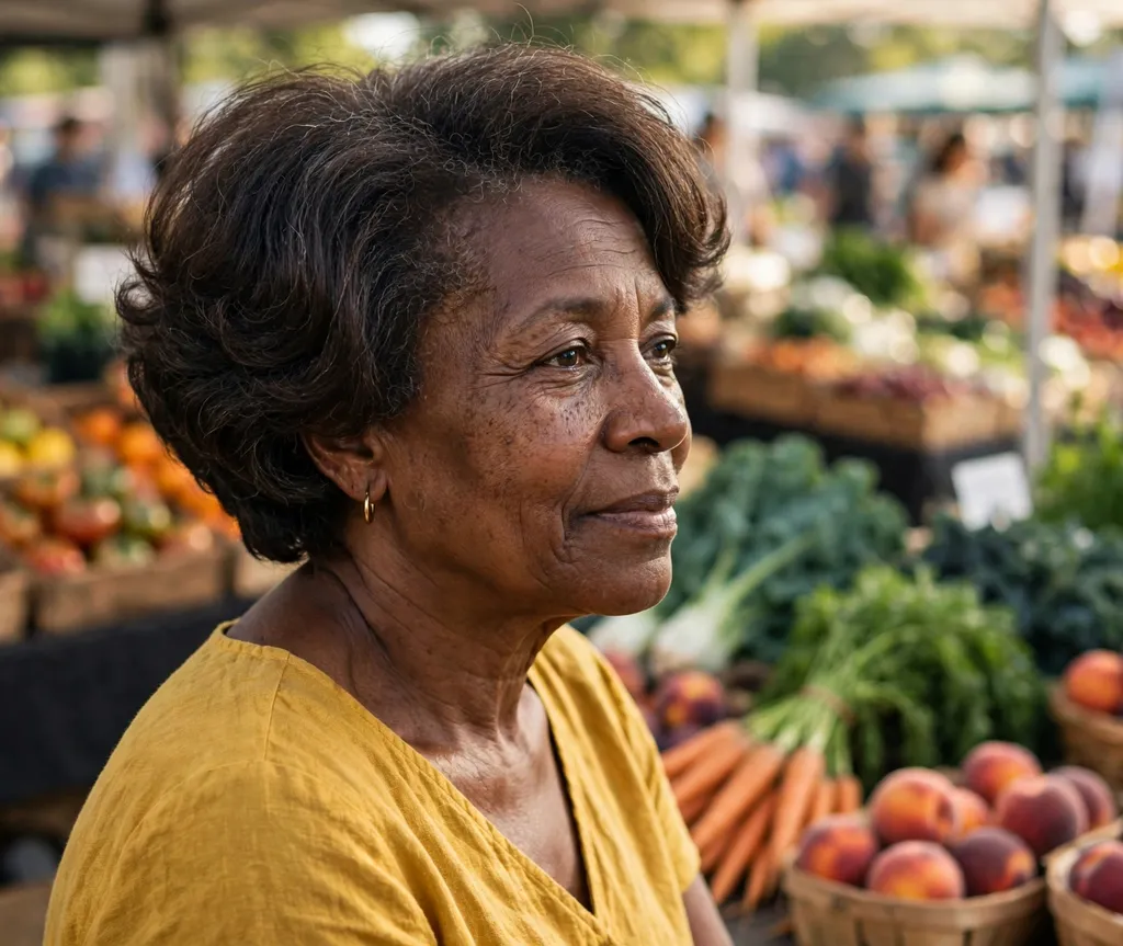 Stacked bob with volume at the back on a Black woman in her mid 50s wearing a mustard yellow dress, farmers market