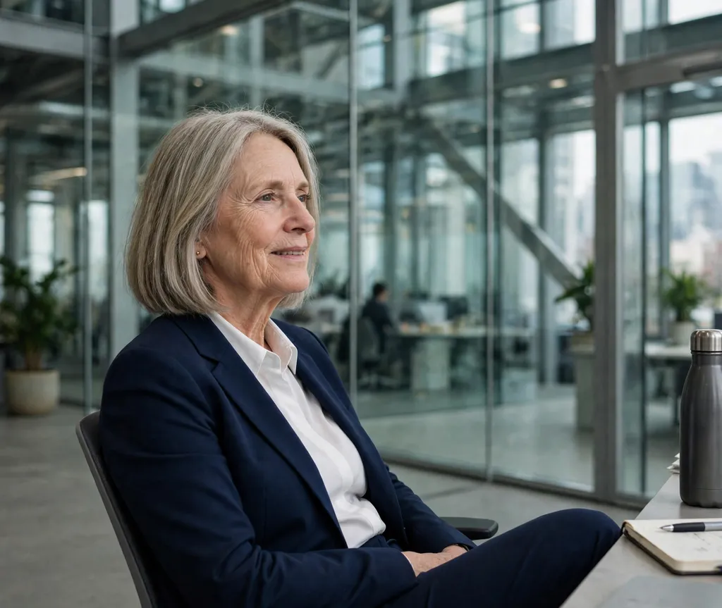 A-line bob longer in front on a white woman in her late 60s wearing a navy pantsuit, office
