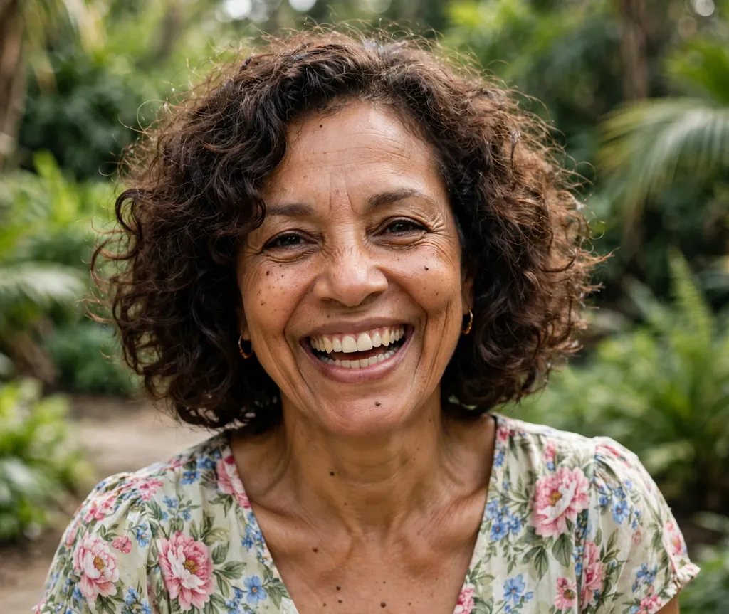 Bouncy curly bob on a mixed-race woman in her early 50s wearing a floral dress, botanical garden