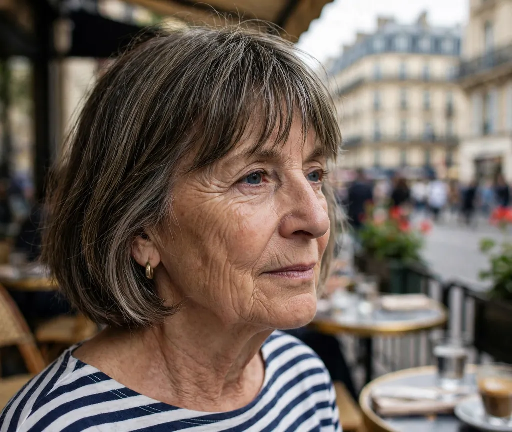 Classic French bob with fringe on a European woman in her mid 60s wearing a striped Breton top, Parisian café
