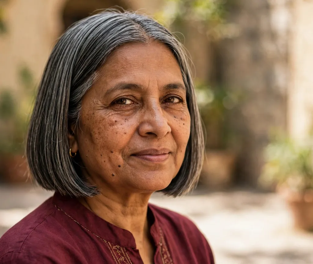 Blunt chin-length bob on a South Asian woman in her late 50s wearing a maroon kurta, sunlit courtyard