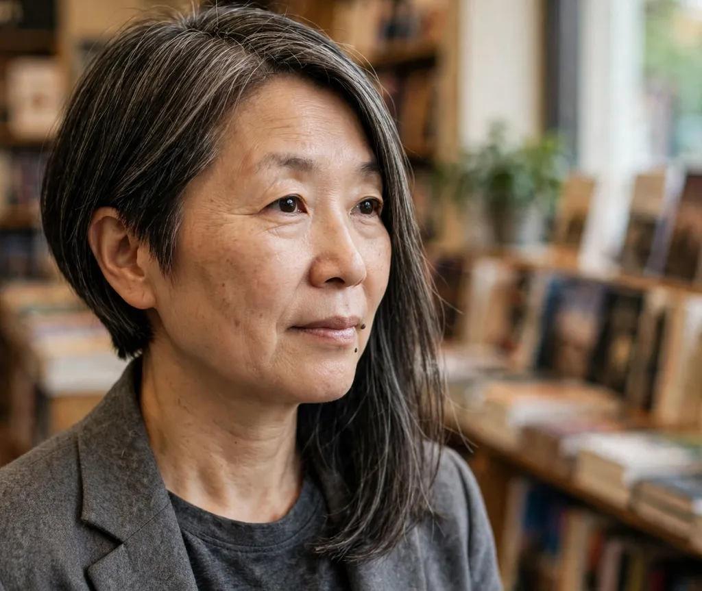 Asymmetrical bob with one side longer on an East Asian woman in her early 50s wearing a gray blazer, bookstore