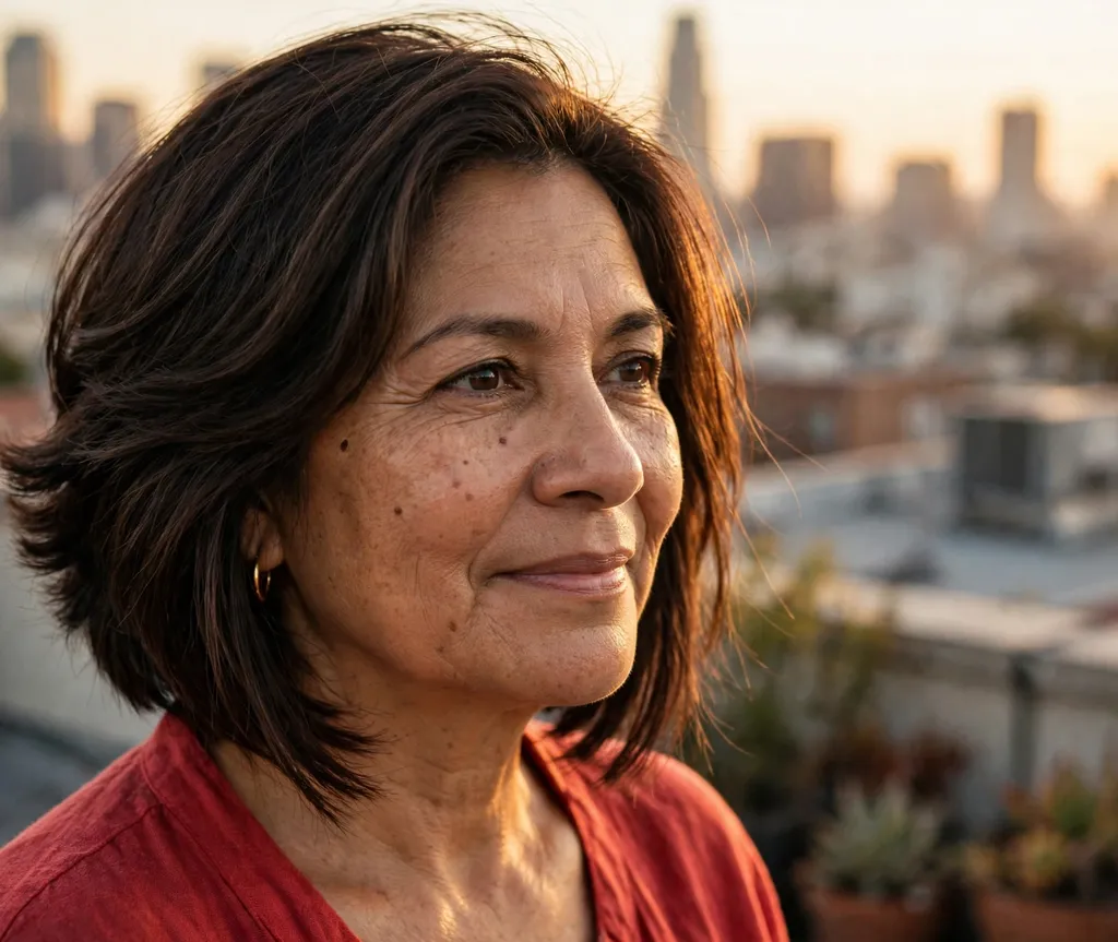 Inverted stacked bob on a Latina woman in her mid 50s wearing a red top, rooftop at golden hour