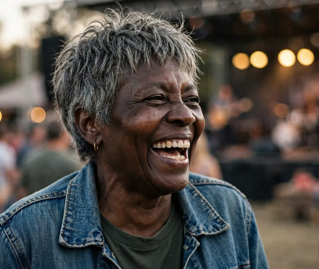 Shaggy textured pixie on a Black woman in her late 60s wearing a denim jacket, outdoor music venue