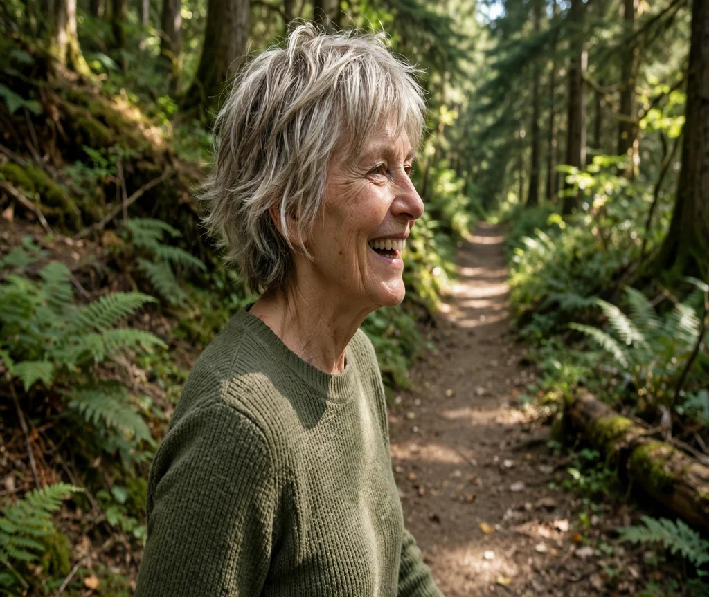 Short feathered shag on a white woman in her early 60s wearing an olive sweater, forest hiking trail
